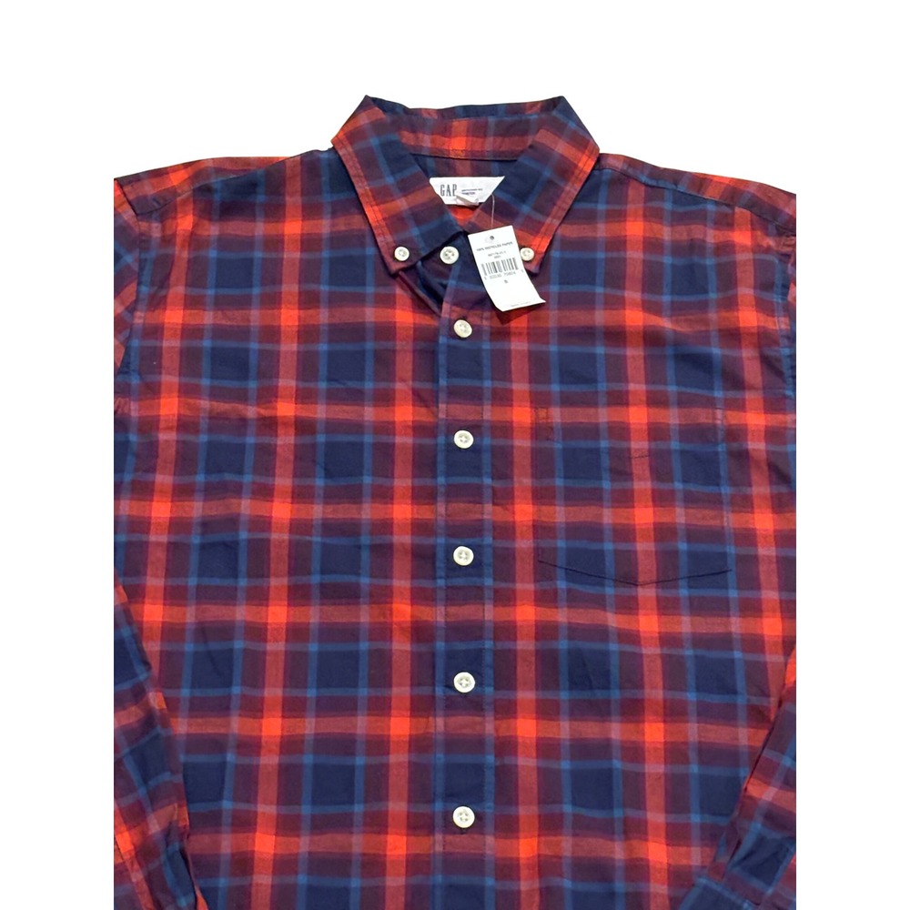 Gap Mens Untucked Fit Stretch Plaid Button Down Shirt Red Navy Blue Small NEW